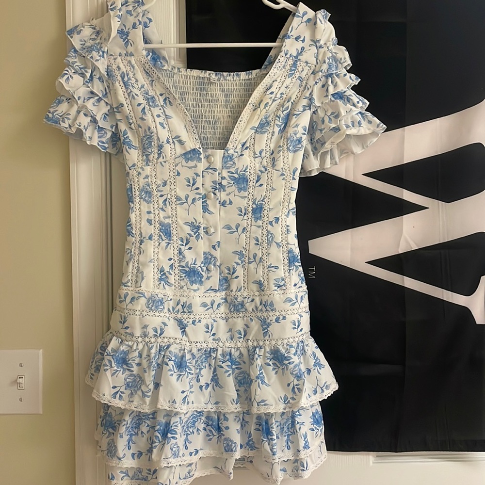 Brunch Club blue and white smocked bodice dress, size small, NWOT